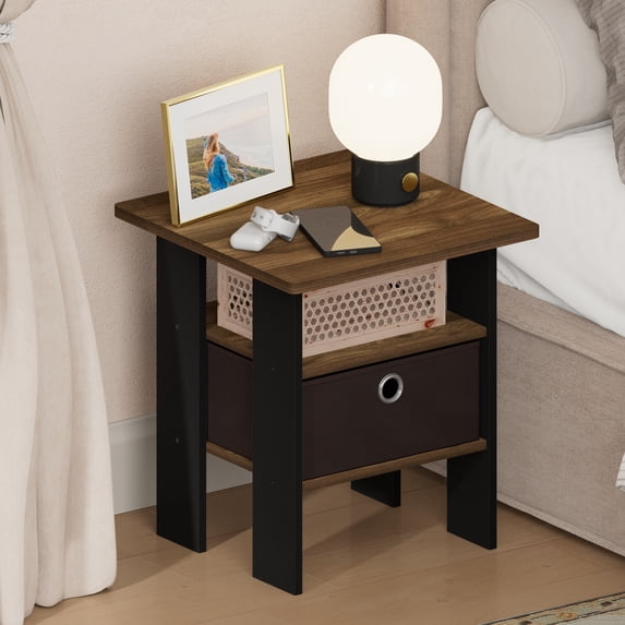 Furinno TIDUR Open Shelf Nightstand with Storage Bin. End Table. Columbia Walnut
