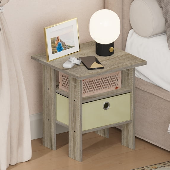 Furinno TIDUR Open Shelf Nightstand with Storage Bin. End Table. Sonoma Oak