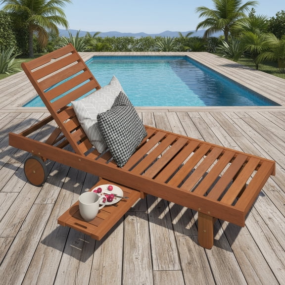 Furinno TIOMAN 76" Long Sun Lounge Chair Pullout Tray and Wheels Light Wood