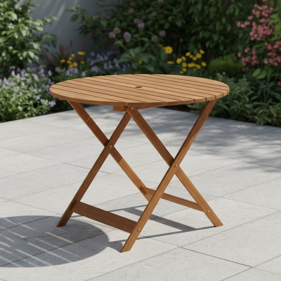 Furinno TIOMAN Patio Table, Nation Round Outdoor Side Table, Dining Table, Coffee Table with Umbrella Hole, for Patio, Garden, Porch, Light Wood