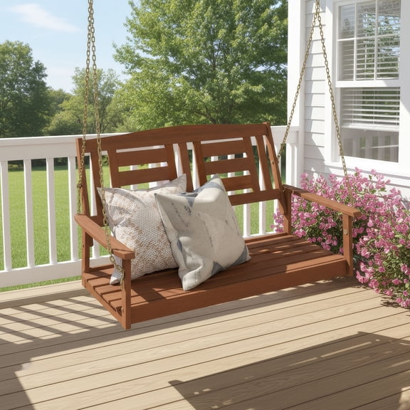 Furinno TIOMAN 2-Seater Hanging Wooden Swing with Chain Light Wood