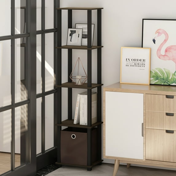 Furinno TNT No Tools 5-Tier Display Decorative Shelf with One Bin, Columbia Walnut/Black/Dark Brown