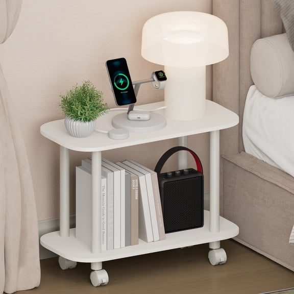 Furinno TURN-N-TUBE 2-Tier Oval Nightstand/Wheels Round Corner White