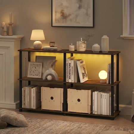 Furinno TURN-N-TUBE 3-Tier 47.4 Wide LED Lights Toolless Corner Shelf Amber Pine