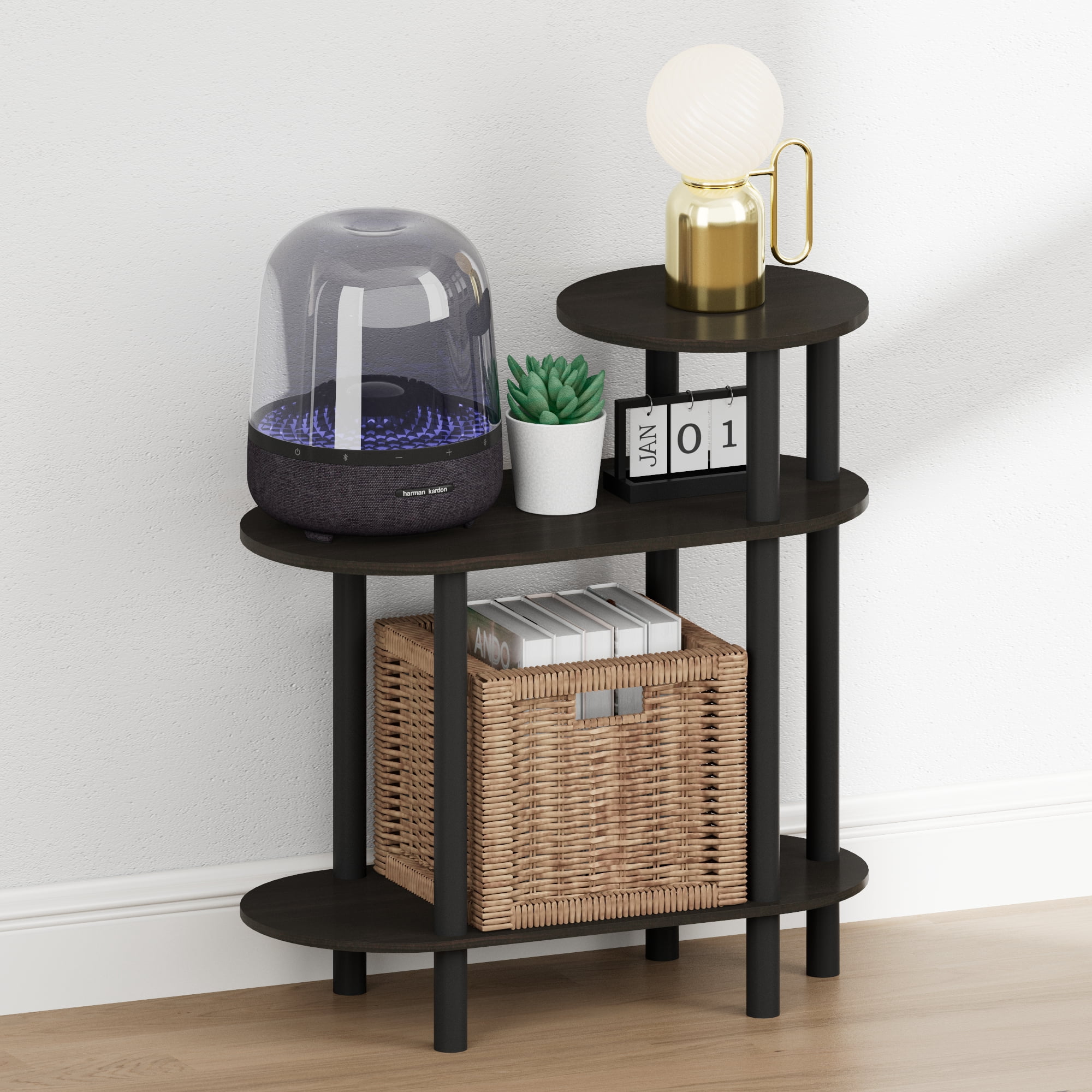 Furinno TURN-N-TUBE 3-Tier Oval Sofa Open Shelf Narrow Nightstand Espresso