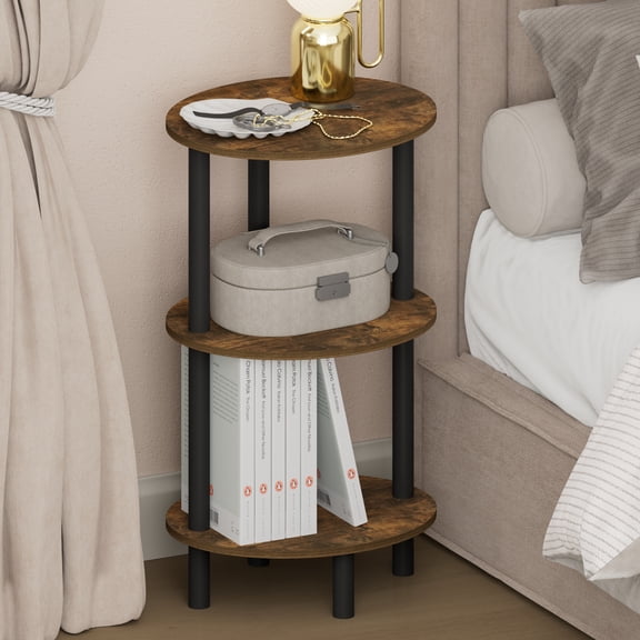 Furinno TURN-N-TUBE Night Stand, 3-Tier Oval Nightstand, Side Table, End Table, for Living Room, Bedroom, Amber Pine/Black