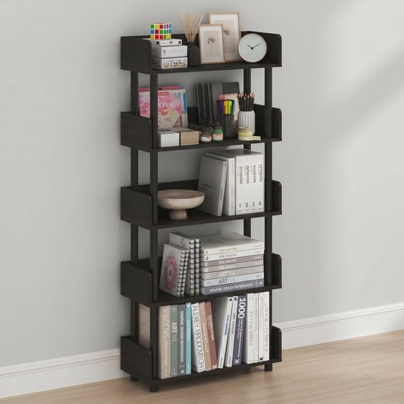 Furinno TURN-N-TUBE Book Shelf, 5-Tier Bookshelf, Bookcases, Storage Shelves with Rounded Corner Top Edges, 9.2 x 23.6 x 52.6, for Organization and Storage, Living Room, Home Office, Espresso