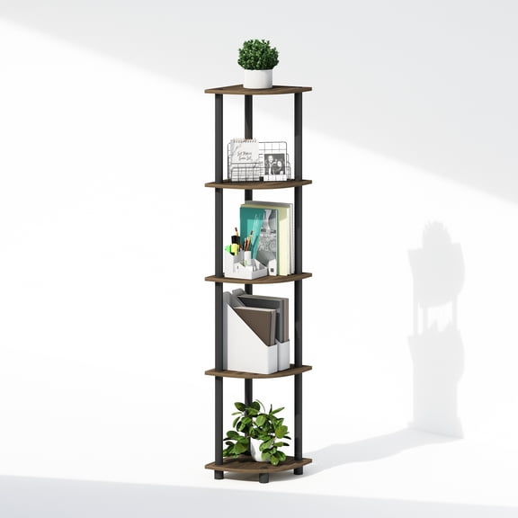 Furinno TURN-N-TUBE 5-Tier Corner Display Rack Shelving Unit Brown Walnut