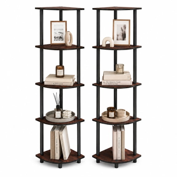 Furinno TURN-N-TUBE Corner Shelf Set of 2, 5-Tier Corner Bookshelf, Open Storage Shelves, for Organization and Storage, Living Room, Home Office, Garage, Cherry Oak
