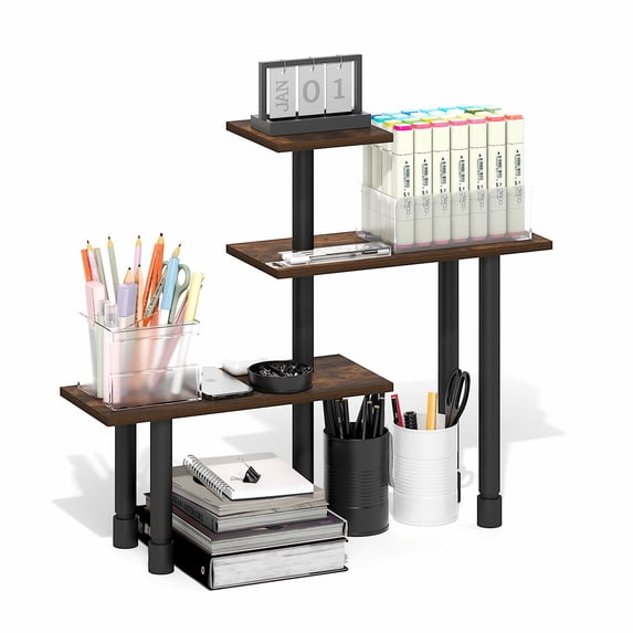 Furinno TURN-N-TUBE Desk Organizers and Accessories, 3-Tier Desktop Organizer, Adjustable Desk Shelf, for Home Office, Study Room, Dorm Room, Organizers and Storage, Amber Pine