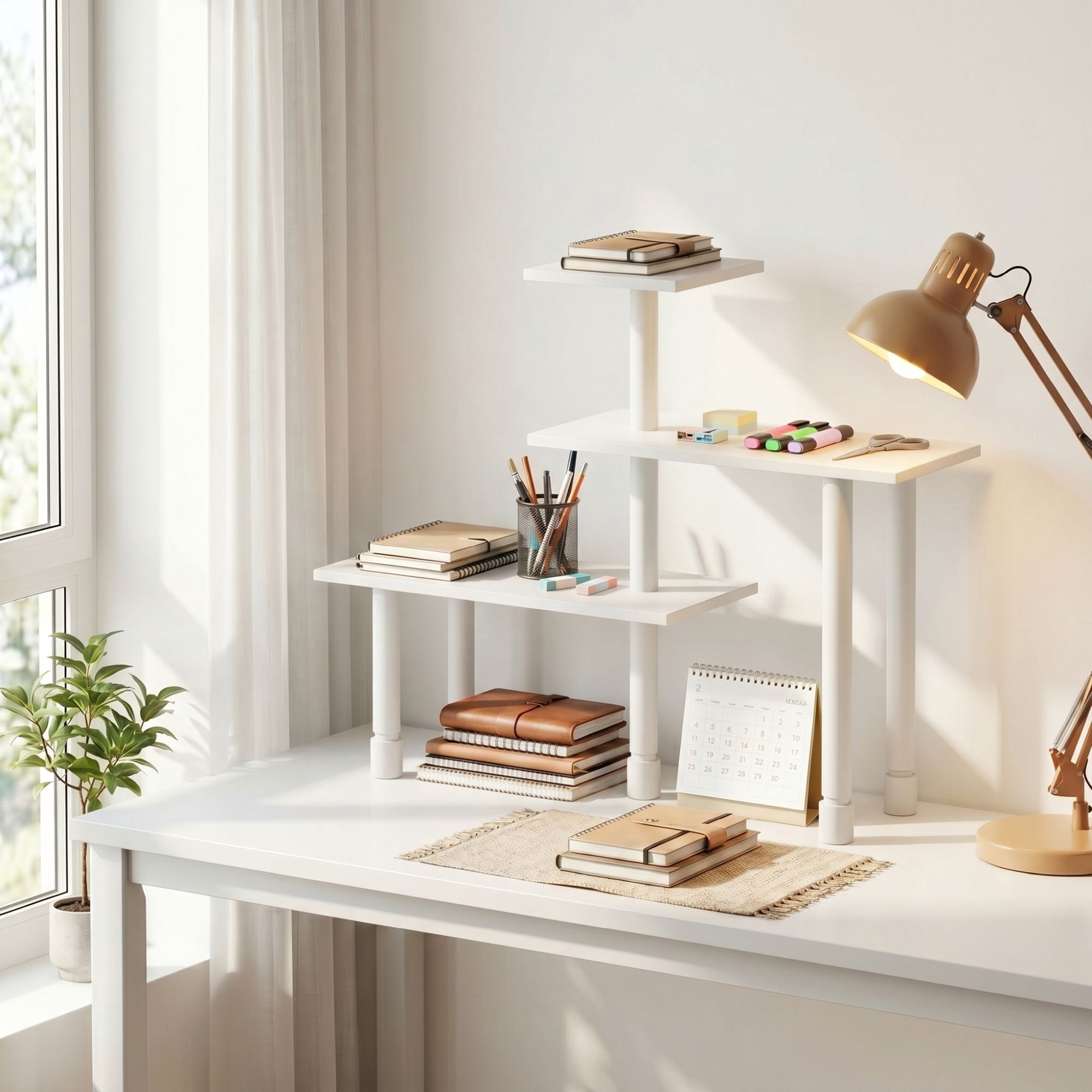 Furinno TURN-N-TUBE 3-Tier Adjustable Desktop Organizer. White