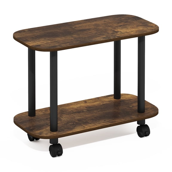 Furinno TURN-N-TUBE Side Table, 2-Tier Oval Sofa End Table with Wheels, Round Corner Night Stand, Bedside Table with Open Shelf, Toolless Assembly, for Living Room, Bedroom, Amber Oak