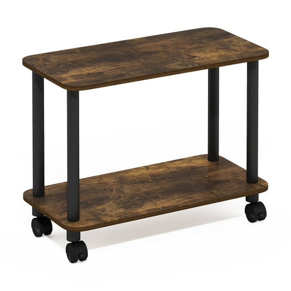 Furinno TURN-N-TUBE Side Table, 2-Tier Rectangle Sofa End Table with Wheels, Round Corner Night Stand, Bedside Table with Open Shelf, Toolless Assembly, for Living Room, Bedroom, Amber Oak