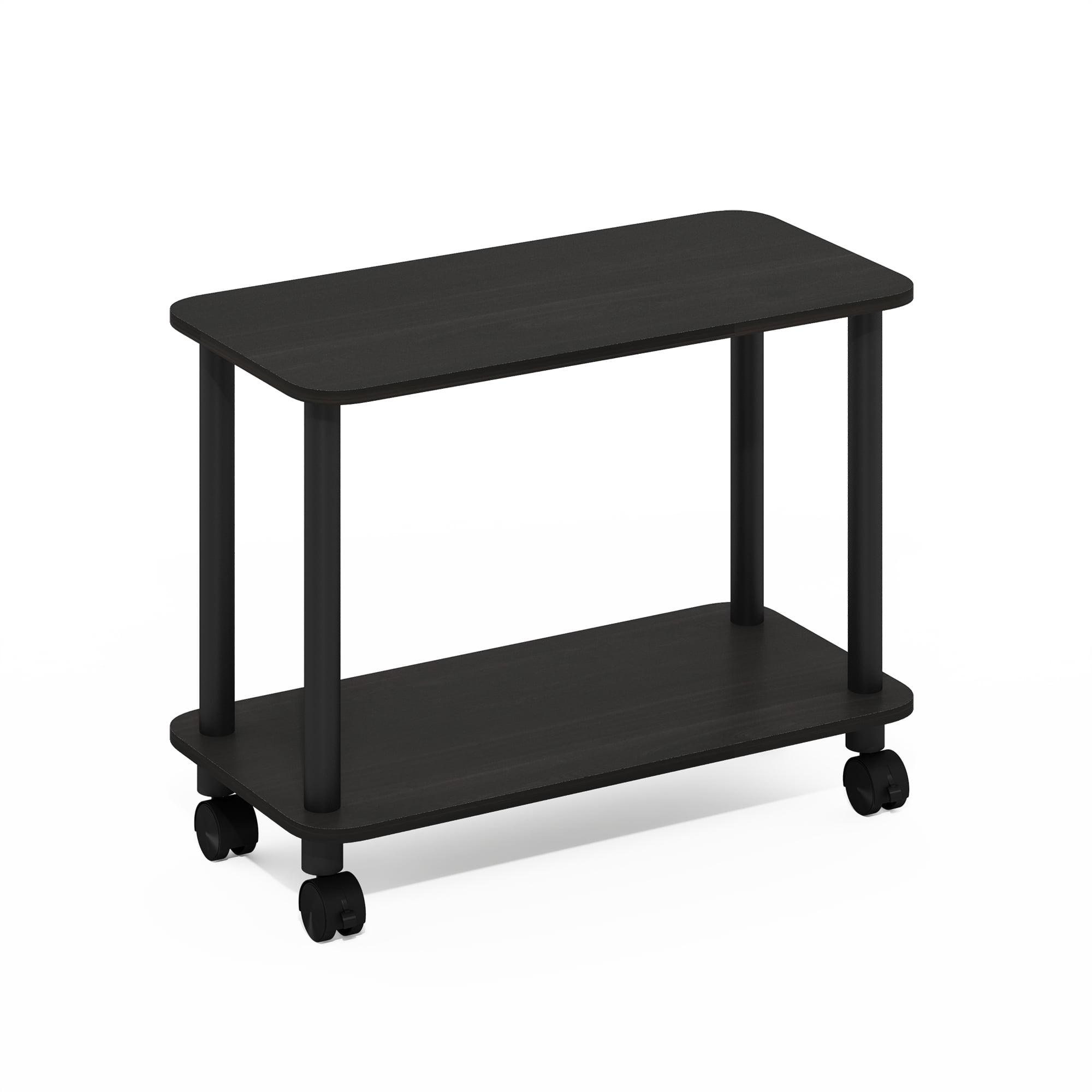 Furinno TURN-N-TUBE Side Table, 2-Tier Rectangle Sofa End Table with Wheels, Round Corner Night Stand, Bedside Table with Open Shelf, Toolless Assembly, for Living Room, Bedroom, Dark Espresso