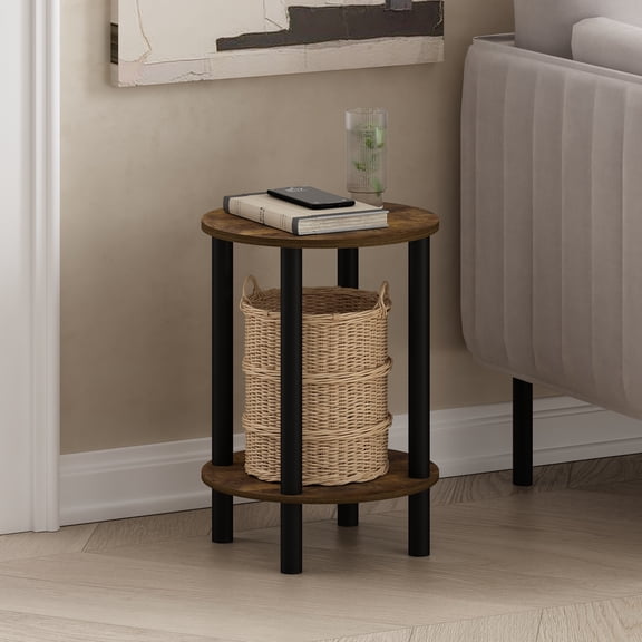 Furinno TURN-N-TUBE Side Table, 2-Tier Round End Table, Toolless Assembly Night Stand, Bedside Table with Open Shelf, for Living Room, Bedroom, Amber Oak