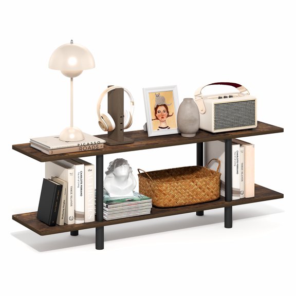 Furinno TURN-N-TUBE Storage Shelves, 2-Tier 47.2 Wide Book Shelf, Accent Display Shelf, Toolless Open Shelves, Round Tubes, for Organization and Storage, Living Room, Garage, Home Office, Amber Pine