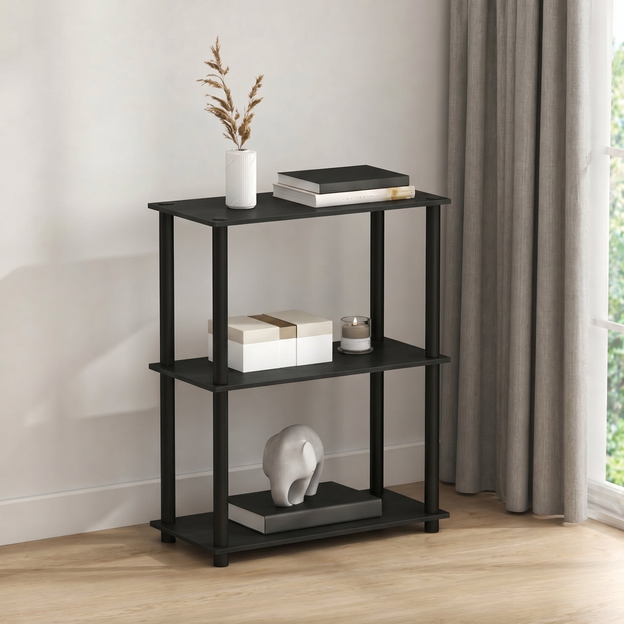Furinno TURN-N-TUBE Storage Shelves, 3-Tier Book Shelf, Corner Shelf, Toolless Open Shelves, for Organization and Storage, Living Room, Bedroom, Entryway, Laundry, Black Espresso