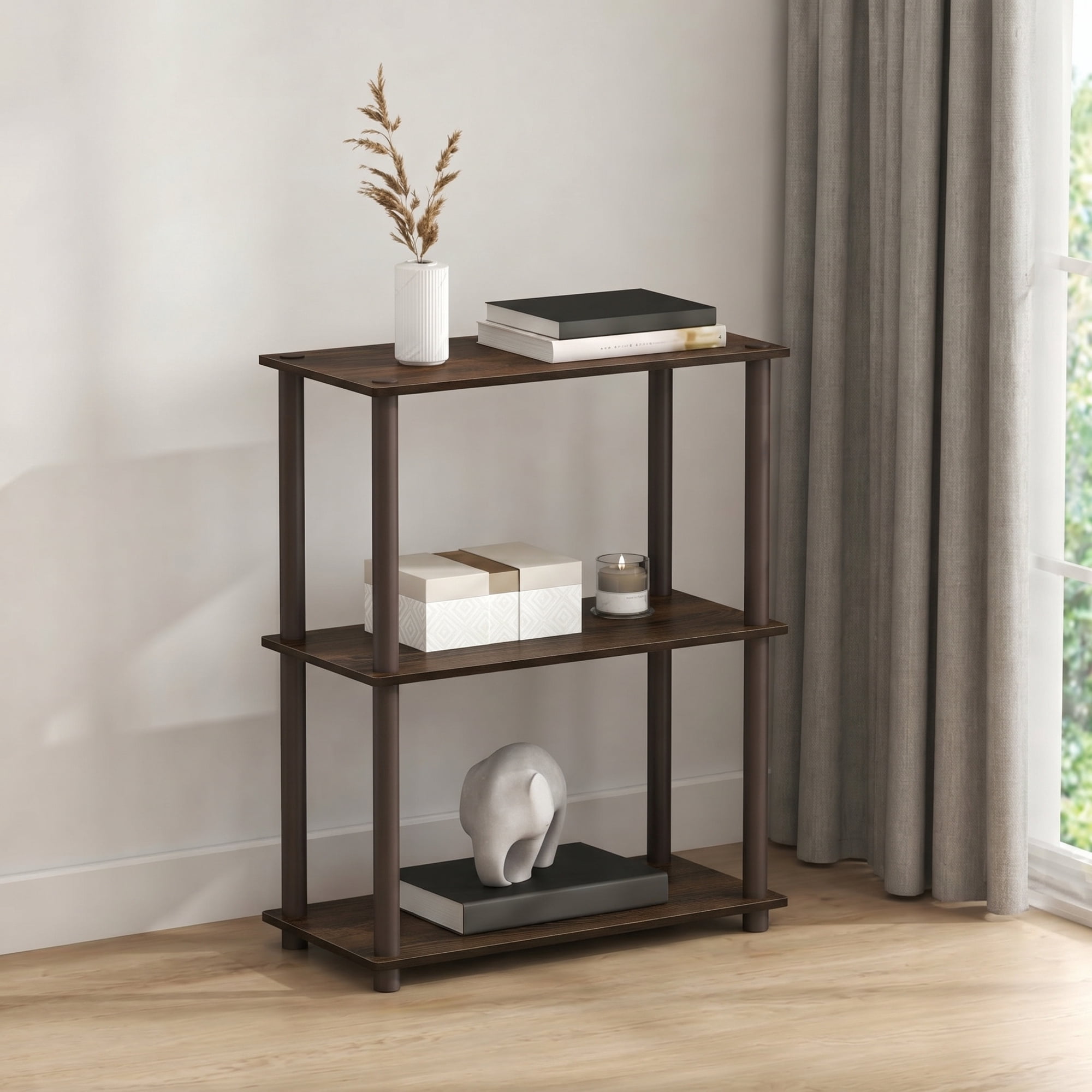 Furinno TURN-N-TUBE Storage Shelves, 3-Tier Book Shelf, Corner Shelf, Toolless Open Shelves, for Organization and Storage, Living Room, Bedroom, Entryway, Laundry, Black Walnut