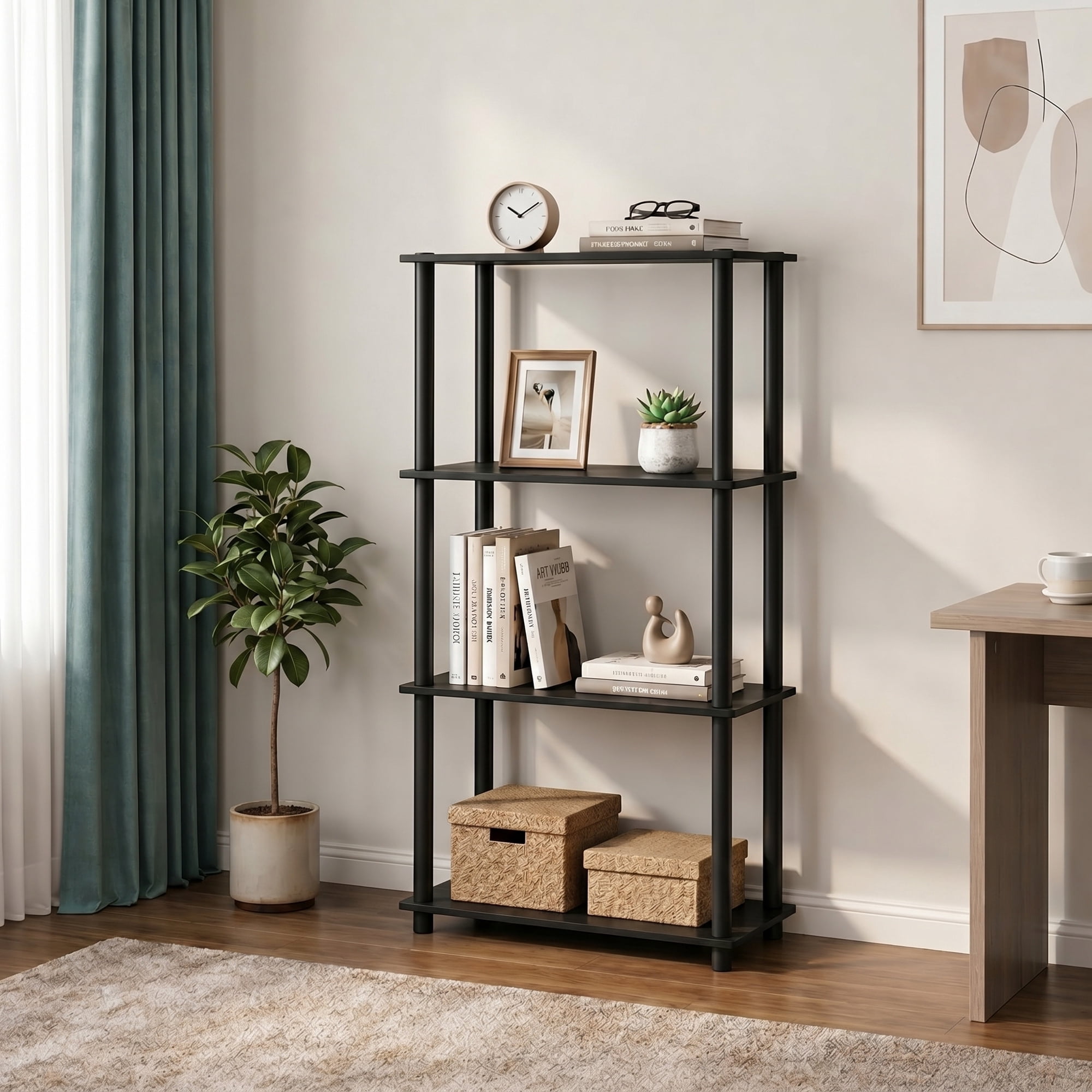 Furinno TURN-N-TUBE Storage Shelves, 4-Tier Book Shelf, Corner Shelf, Toolless Open Shelves, for Organization and Storage, Living Room, Bedroom, Entryway, Laundry, Amber Oak