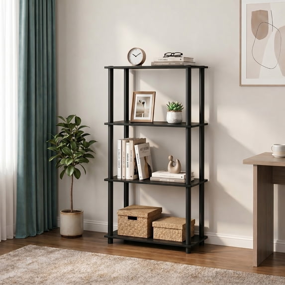 Furinno TURN-N-TUBE Storage Shelves, 4-Tier Book Shelf, Corner Shelf, Toolless Open Shelves, for Organization and Storage, Living Room, Bedroom, Entryway, Laundry, Amber Oak
