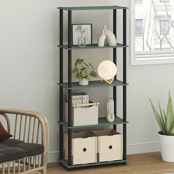 Furinno TURN-N-TUBE Storage Shelves, 5-Tier Book Shelf, Corner Shelf, Toolless Open Shelves, for Organization and Storage, Living Room, Garage, Home Office, Sage Green