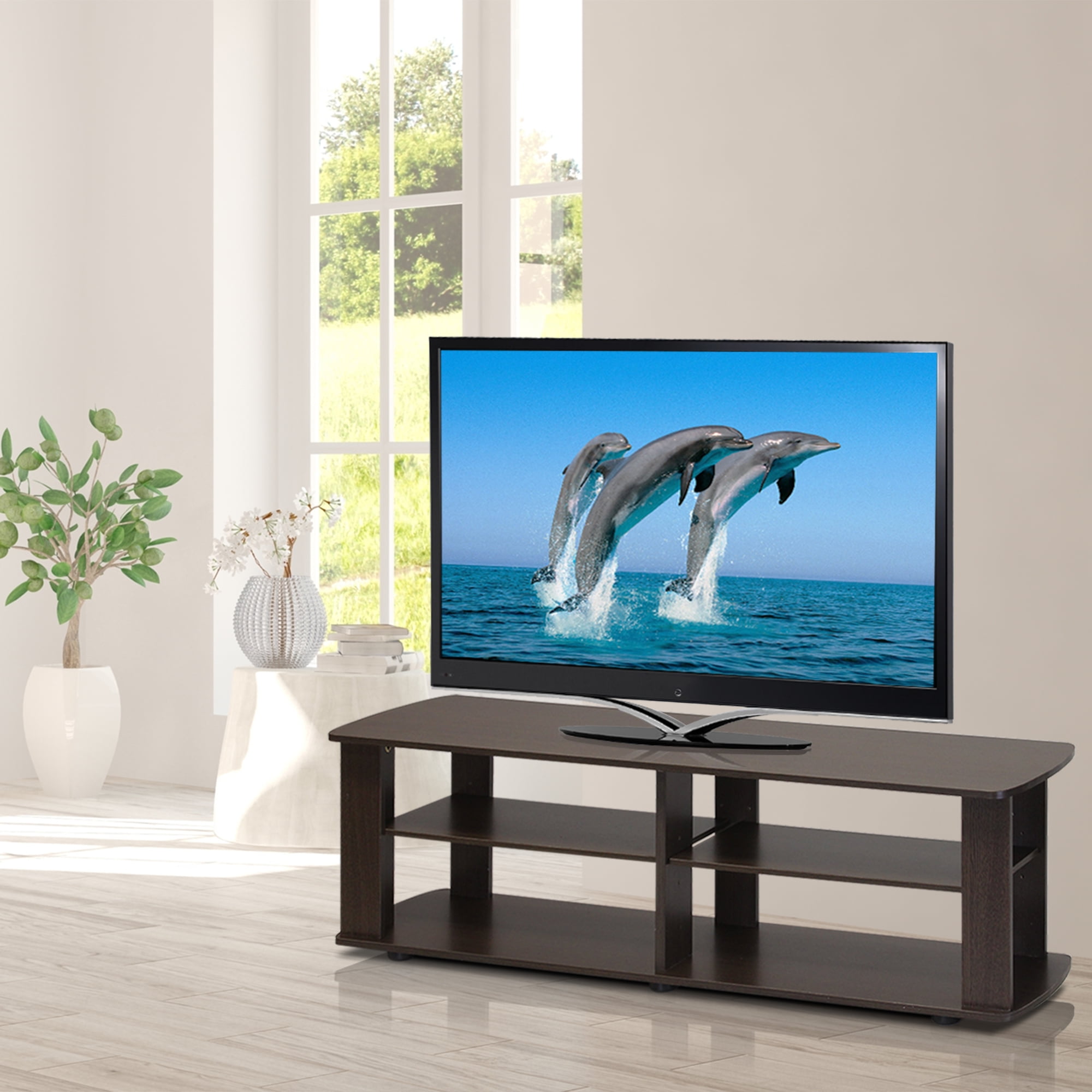 Dark Brown Composite Wood 3-Tier TV Stand with Cabinet