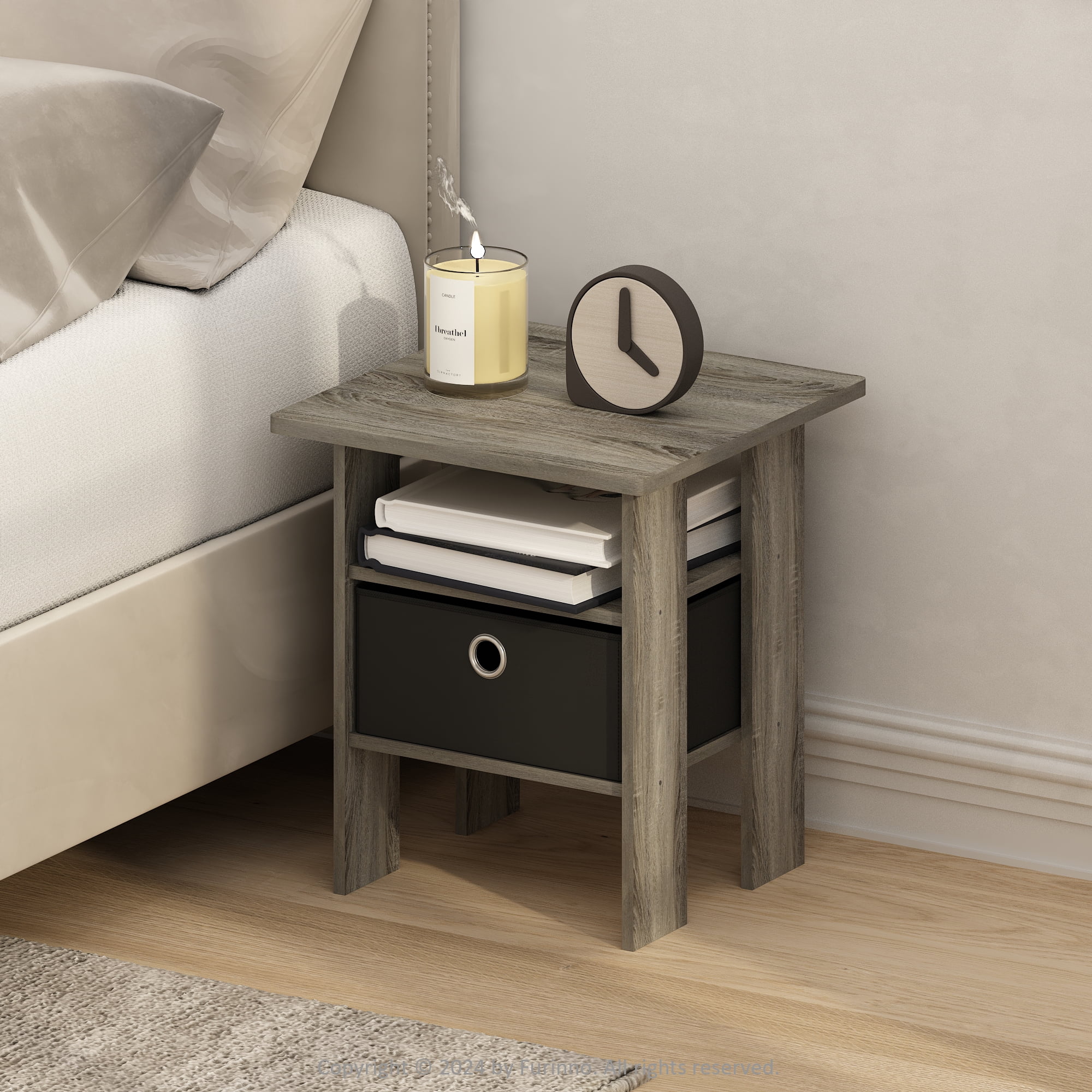 Furinno Tidur Bedside Table Nightstand with Bin Drawer, French Oak/Black