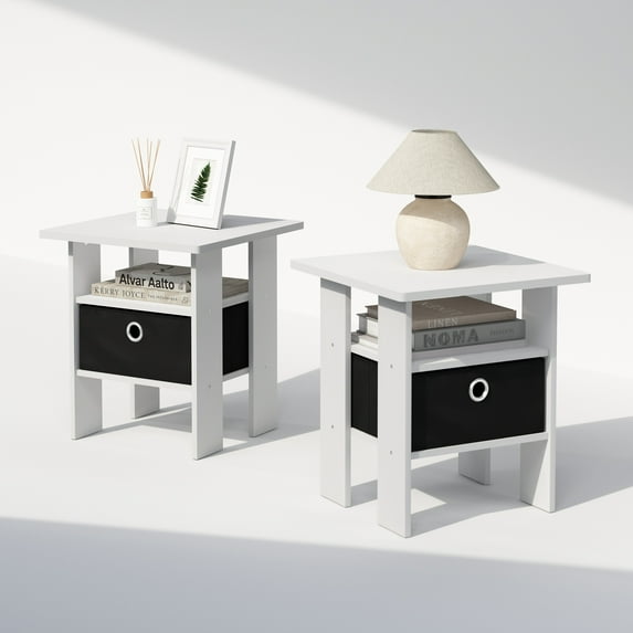 Furinno Tidur Bedside Table Nightstand with Bin Drawer, White/Black, Set of 2