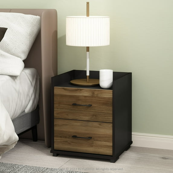 Furinno Tidur Modern Bedroom Bedside Tables Handle 2-Drawer Chest Nightstand, Columbia Walnut/Black