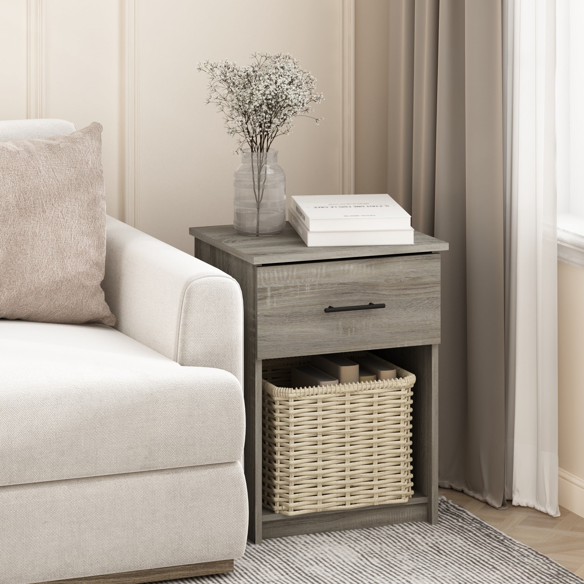 Furinno Tidur Nightstand with Handle with One Drawer, French Oak Grey