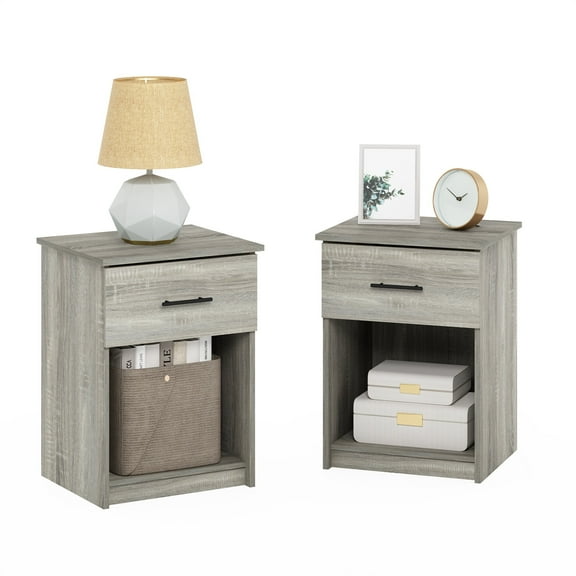Furinno Tidur Nightstand with Handle with One Drawer, Set of 2, French Oak Grey