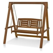 Furinno Tioman Hardwood Hanging Porch Swing with Stand in Teak Oil, Natural