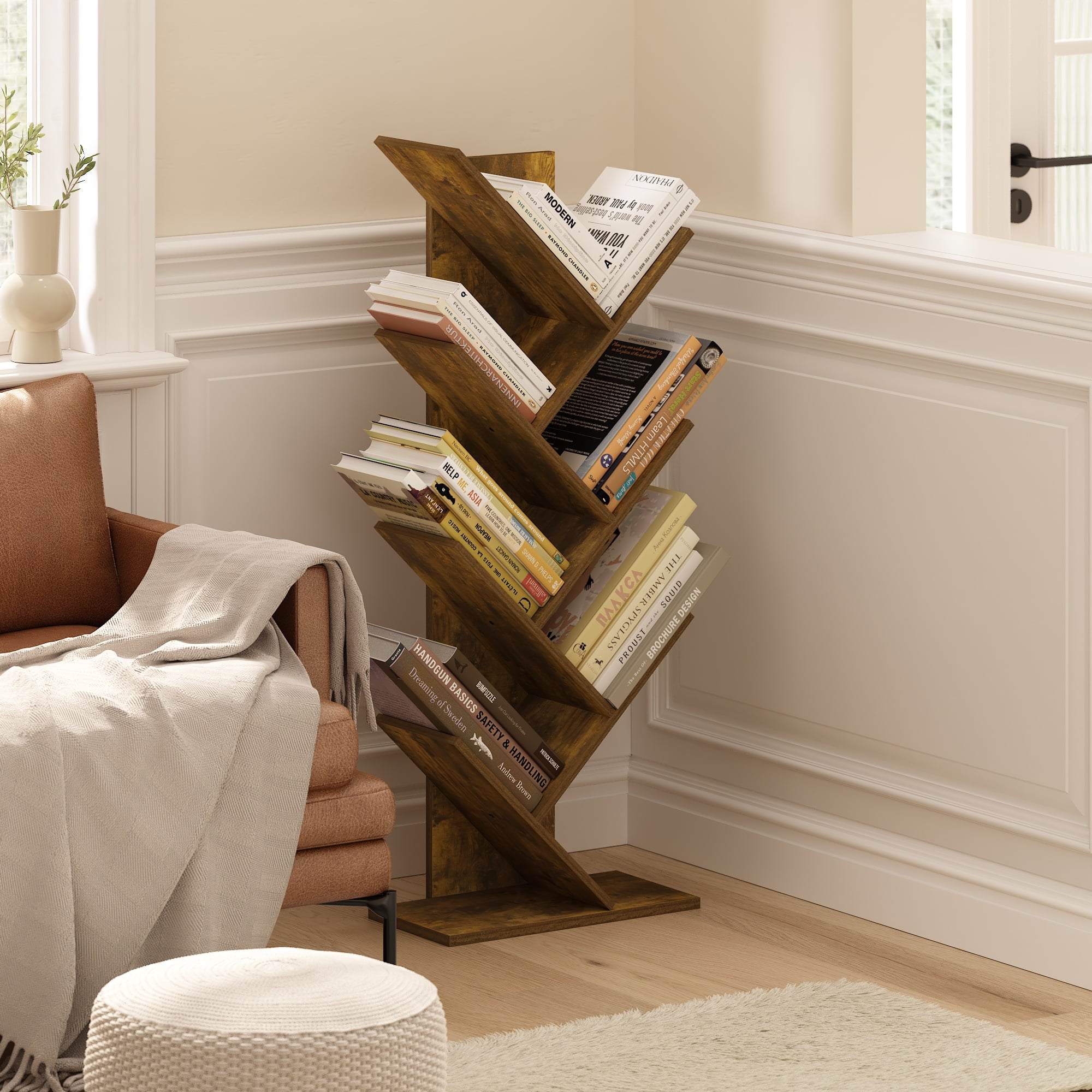 Furinno Solid Wood Furniture 7-Tier Tree Bookshelf, Floor Standing