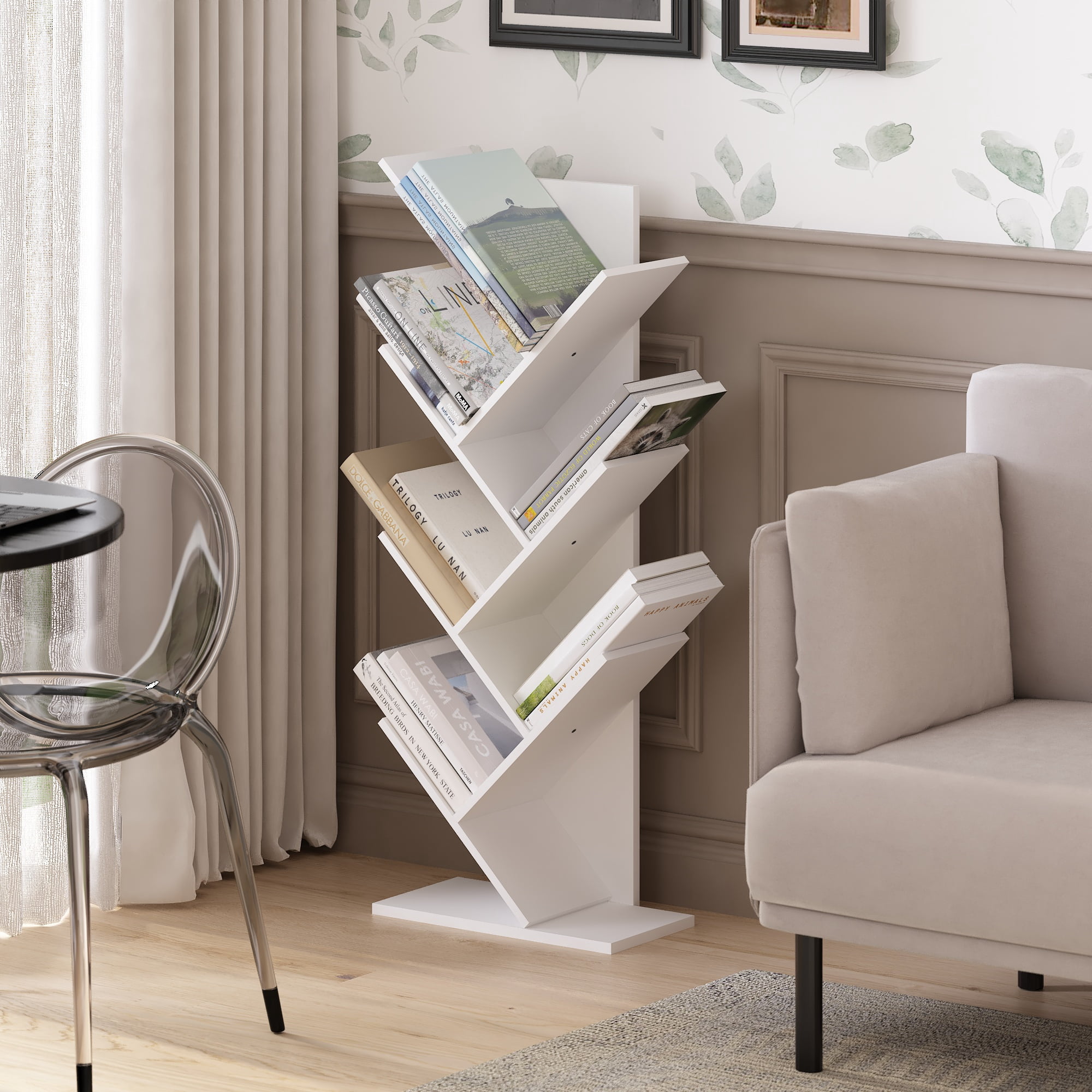Furinno Tree Bookshelf 7-Tier Floor Standing Tree Bookcase, White