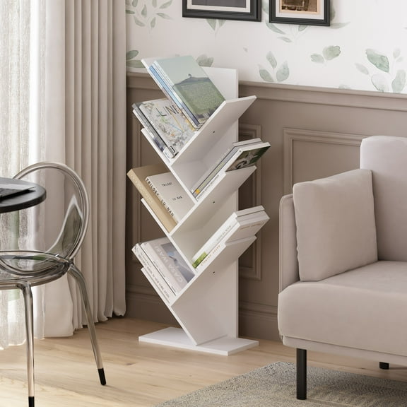 Furinno Tree Bookshelf 7-Tier Floor Standing Tree Bookcase, White