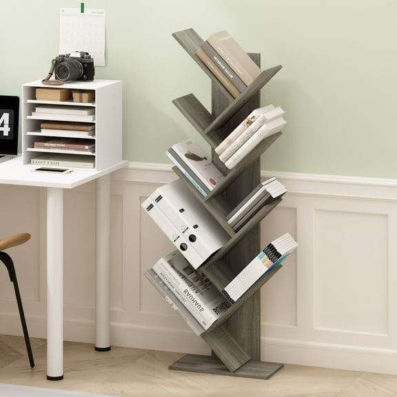 Furinno Tree Bookshelf 9-Tier Floor Standing Tree Bookcase, Oak Grey