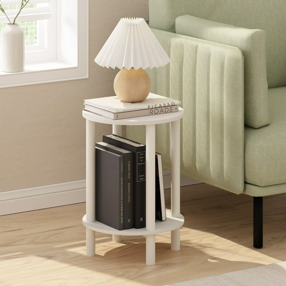 Furinno Turn-N-Tube 2-Tier Round Wooden End Table, Side Table, White/White