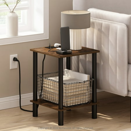 Furinno Turn-N-Tube 2-Tier Side Table, End Table with USB and Type-C Charging Port, Amber Pine/Black