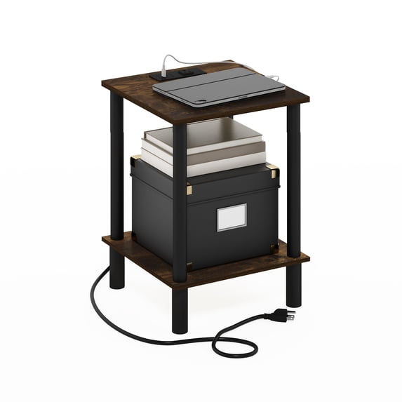 Furinno Turn-N-Tube 2-Tier Square Side Table with Charging Station, End Table, Night Stand, Bedside Table with USB and Type-C Charging Port, for Living Room, Bedroom, Amber Oak
