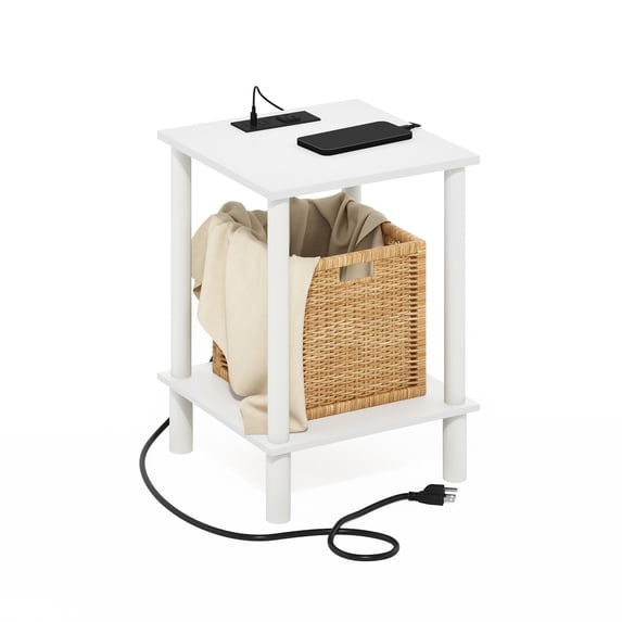 Furinno Turn-N-Tube 2-Tier Square Side Table with Charging Station, End Table, Night Stand, Bedside Table with USB and Type-C Charging Port, for Living Room, Bedroom, Plain White