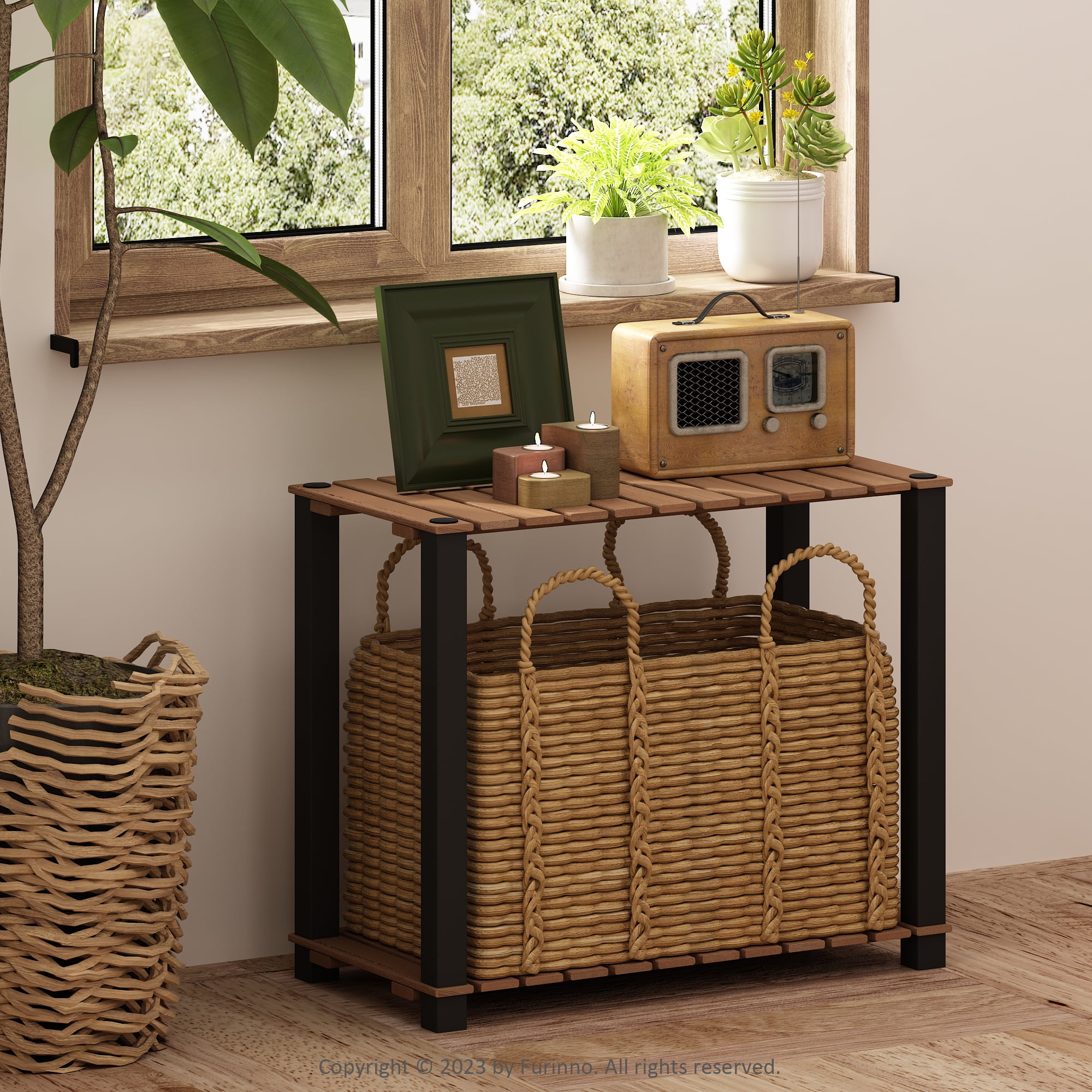 Furinno Turn-N-Tube 2-Tier Wood Slat Multipurpose Shelf Display Rack with Square Poles, Natural/Black