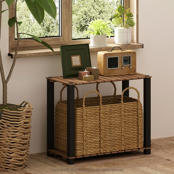 Furinno Turn-N-Tube 2-Tier Wood Slat Multipurpose Shelf Display Rack with Square Poles, Natural/Black