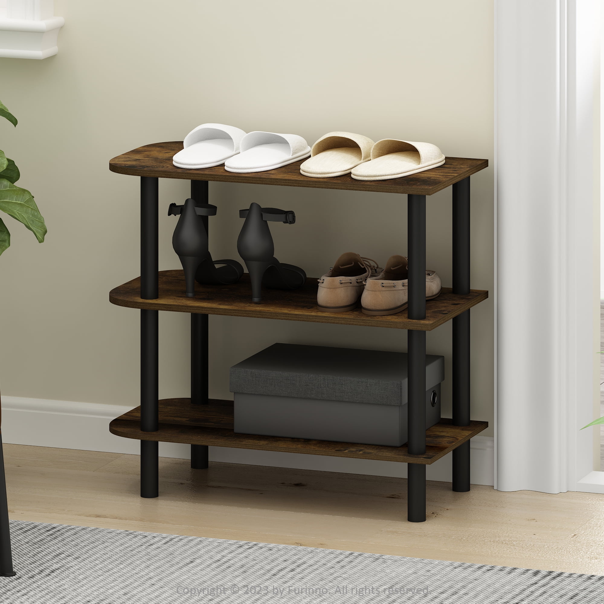 Furinno TURN-N-TUBE 26-Inch 3-Tier Curved Freestanding Shoe Amber Pine/Black