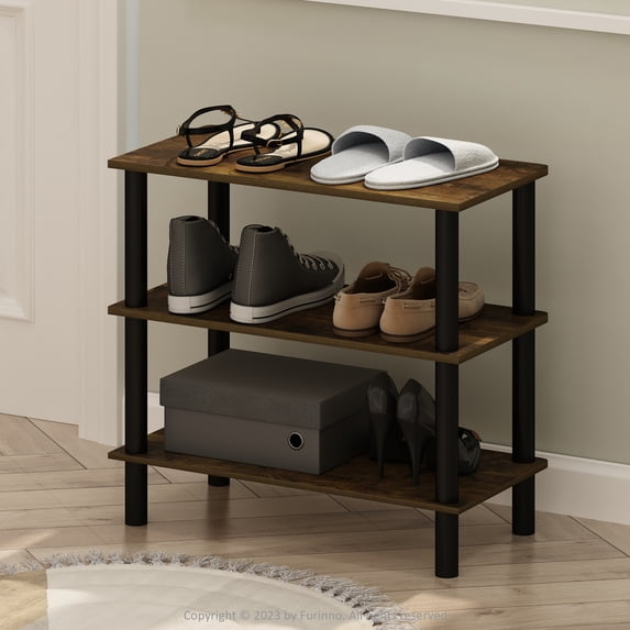 Furinno Turn-N-Tube 23-Inch 3-Tier Freestanding Shoe Rack Storage Organizer, Amber Pine/Black