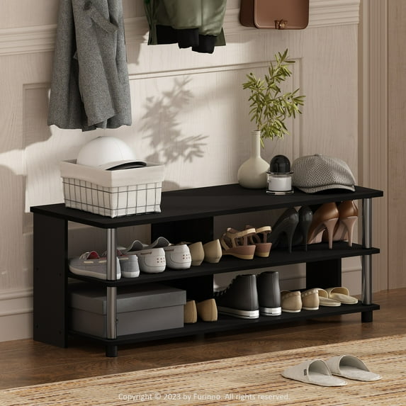 Furinno Turn-N-Tube 3-Tier Compact Open Storage Shoe Rack for Closet Entryway, Americano/Stainless Steel Tubes