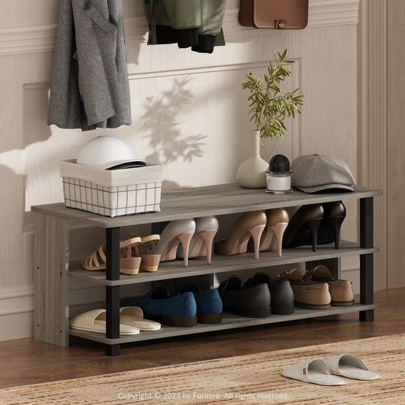 Furinno Turn-N-Tube 3-Tier Compact Open Storage Shoe Rack for Closet Entryway, French Oak/Black