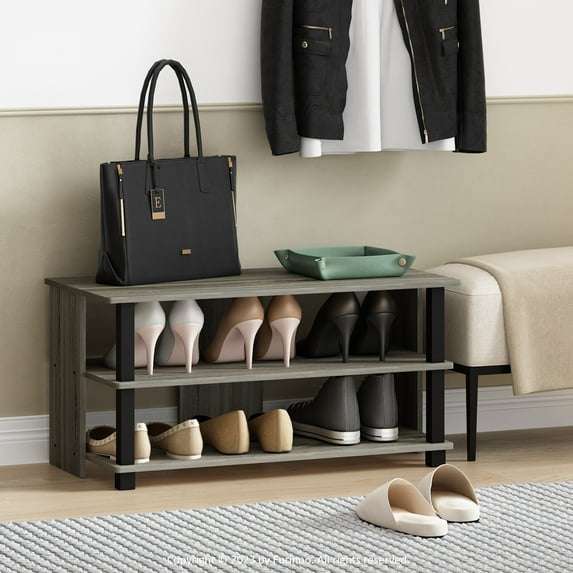 Furinno Turn-N-Tube 3-Tier Compact Open Storage Shoe Rack for Closet Entryway, French Oak/Black
