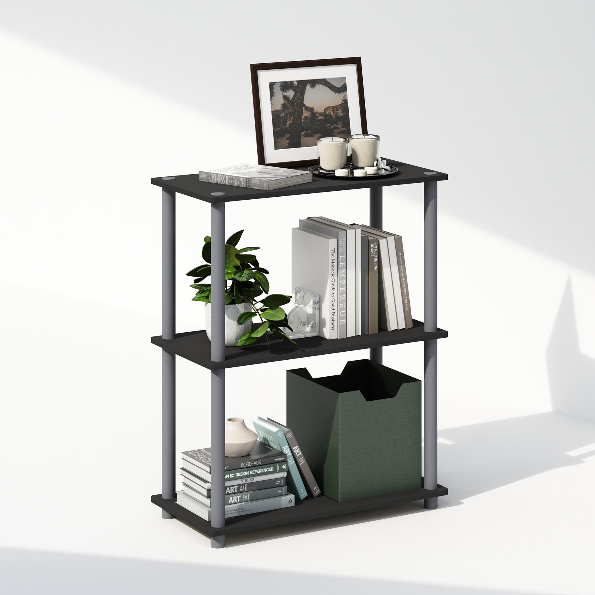 Black and Oak 3-Tier Rubberwood Display Rack