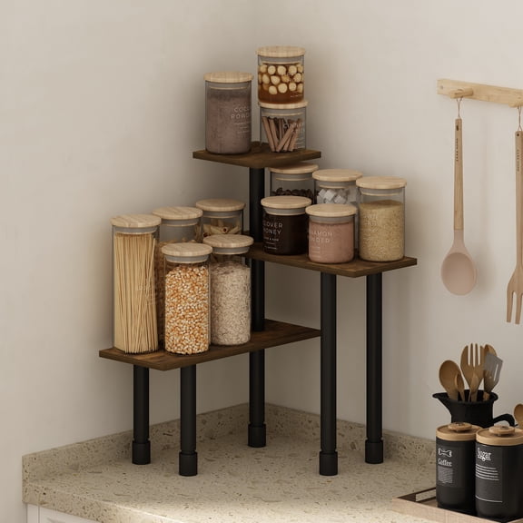 Furinno Turn-N-Tube 3-Tier Multipurpose Corner Countertop Organizer Shelf, Amber Pine/Black