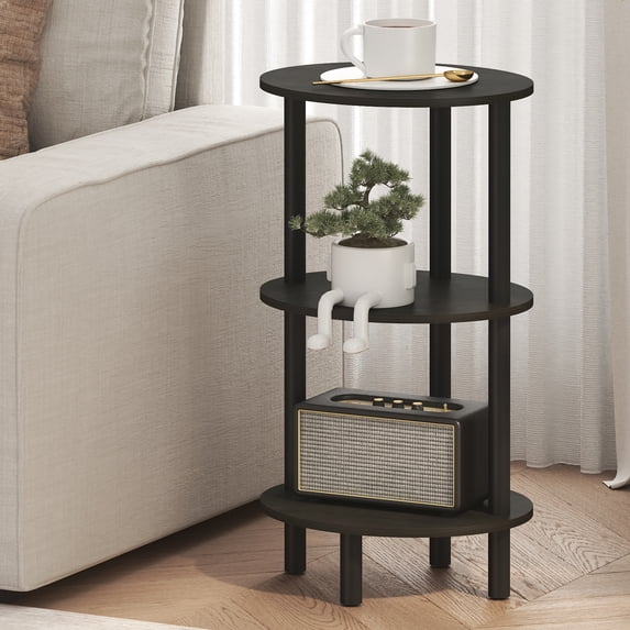 Furinno Turn-N-Tube 3-Tier Oval Side Table, Black End Table, Night Stand, Bedside Table for Living Room, Bedroom, Black Espresso/Black